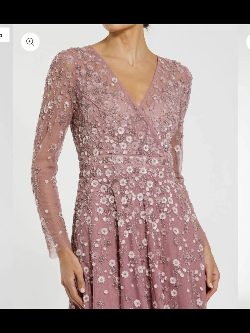 Mac Duggal Mauve Long Sleeve V-Neck Embellished Evening Gown 3D Floral - Picture 3 of 15